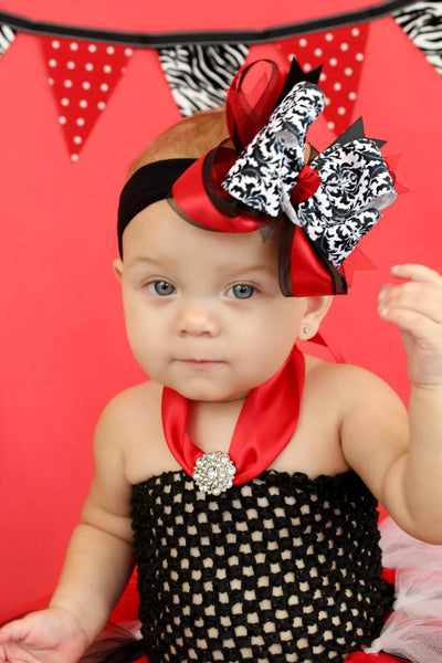 Jazzy Red and Black Damask Girls Hair Bow Clip or Headband