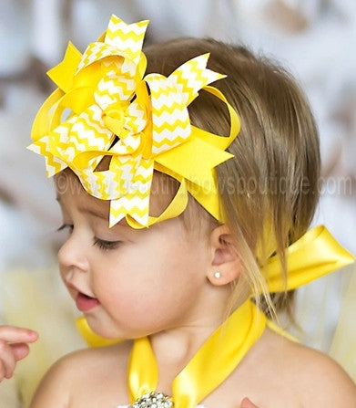 Yellow and White Chevron Kiara Girls Hair Bow Clip or Headband
