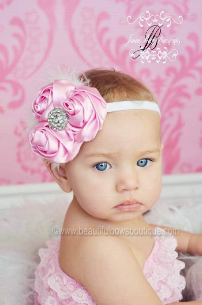 Sweet Pink and White Vintage Chiffon Rose White Baby Headband