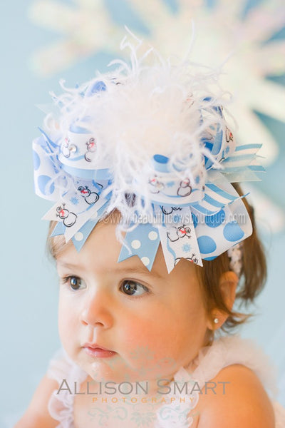 Big Over the Top Blue Snowman Winter Holiday Girls Hair Bow or Baby Headband