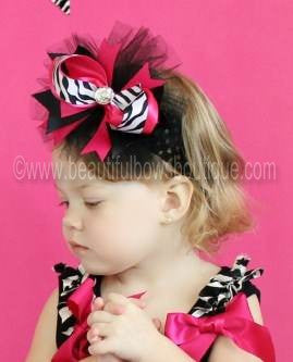 Shocking Pink Zebra Adalynn Girls Hair Bow Clip or Headband