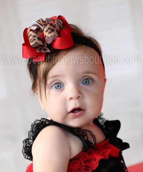 Dainty Red Black and Leopard Girls Hair Bow Clip or Headband