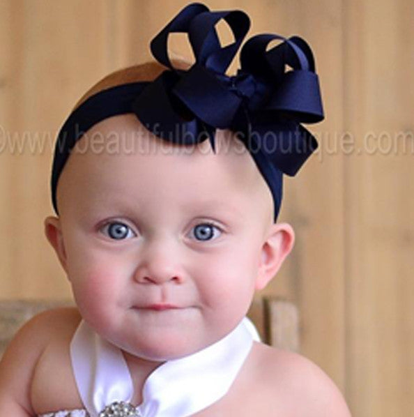 Navy Blue Double Boutique Girls Hair Bow Clip or Headband