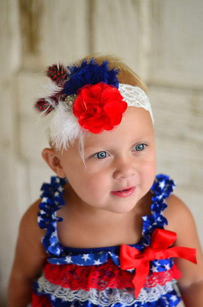 Patriotic Red White Blue Vintage Shabby Flower Girls Lace Headband