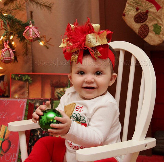 Big Red Gold Christmas Hair Bow for Girls