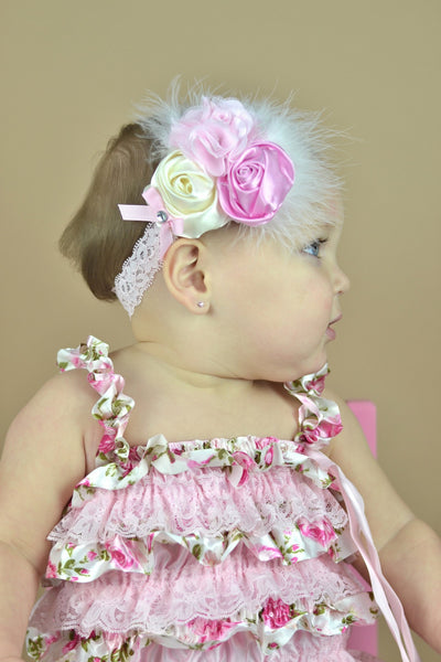 Jeweled Satin Ivory and Pink Chic Rose Vintage Infant Headband