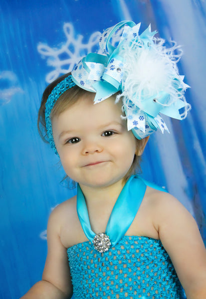 Blue and White Snowflake Baby Hair Bow Headband