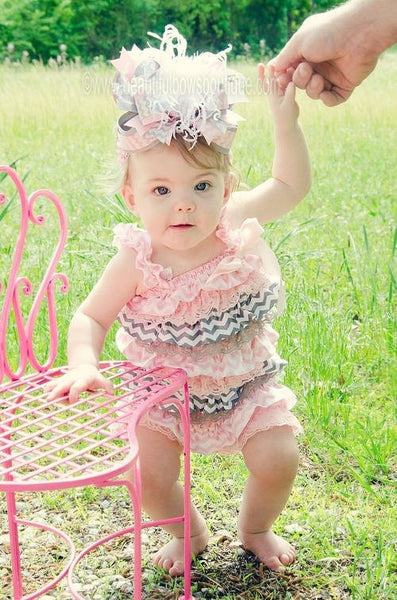 Girls Light Pink and Grey Chevron Lace Satin Baby Romper