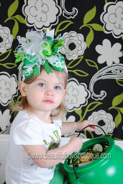 Over the Top Saint Patrick's Day Big Green Shamrock Girls Hair Bow Clip or Headband