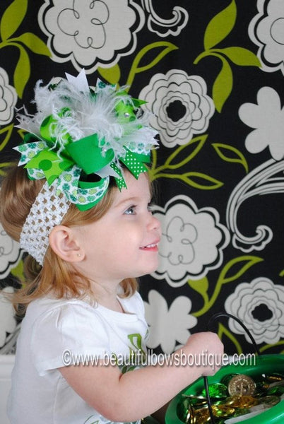 Over the Top Saint Patrick's Day Big Green Shamrock Girls Hair Bow Clip or Headband