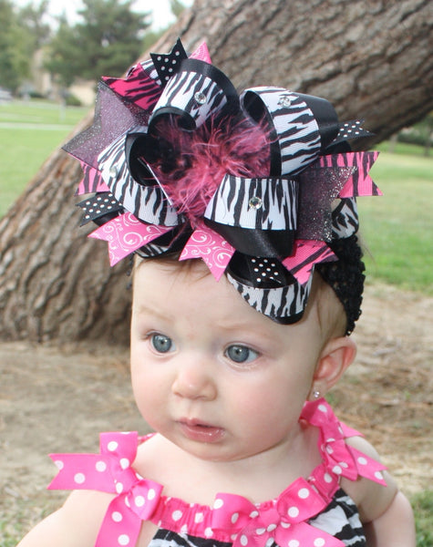 Big Hot Pink Black Zebra Girls Over The Top Hair Bow Clip or Headband
