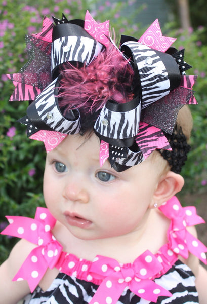 Big Hot Pink Black Zebra Girls Over The Top Hair Bow Clip or Headband