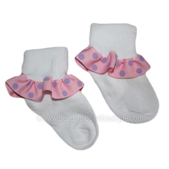Pink and Lavendar Polka Ribbon Ruffle Socks