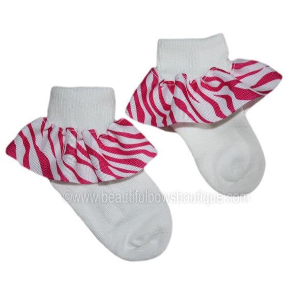 Shocking Pink White Zebra Ribbon Ruffle Socks