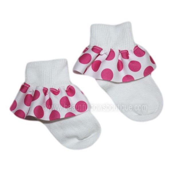 White and Shocking Pink Big Dot Ribbon Ruffle Socks