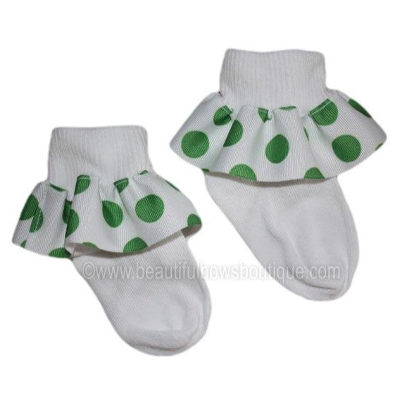 White and Green Big Dot Ribbon Ruffle Socks