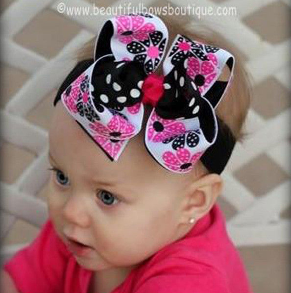 Daisies Black Hot Pink Girls Hair Bow Clip or Headband