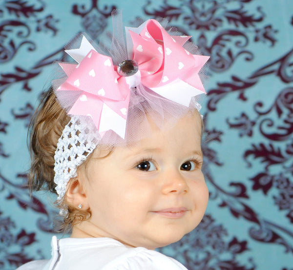 Pink Hearts Tulle Girls Hair Bow Clip or Headband