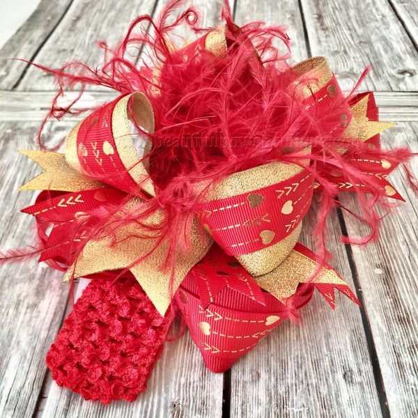 Girls Red and Gold Valentines Hair Bow,Valentine's Day Over the Top Bows,OTT Stacked Valentines Baby Headband,Big Bows,Big Red and Gold Bow