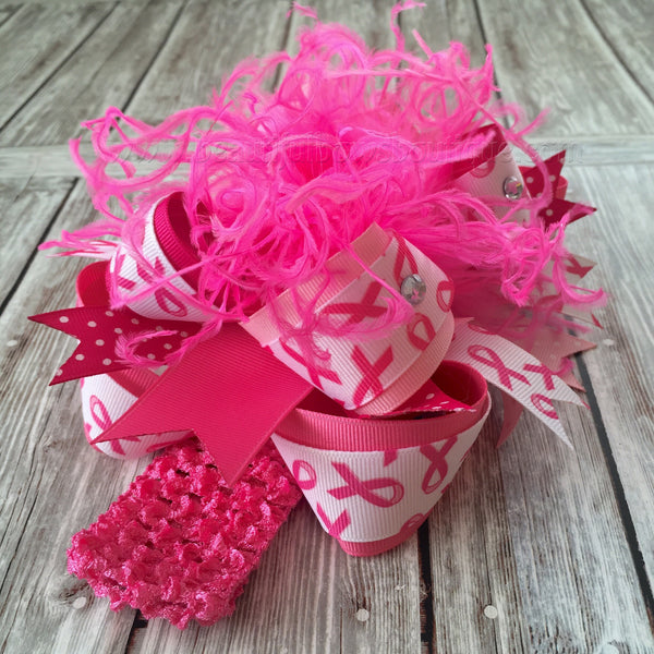 Hot Pink Breast Cancer Awareness Over the Top Girls Hair Bow Clip or Headband, Pink Out