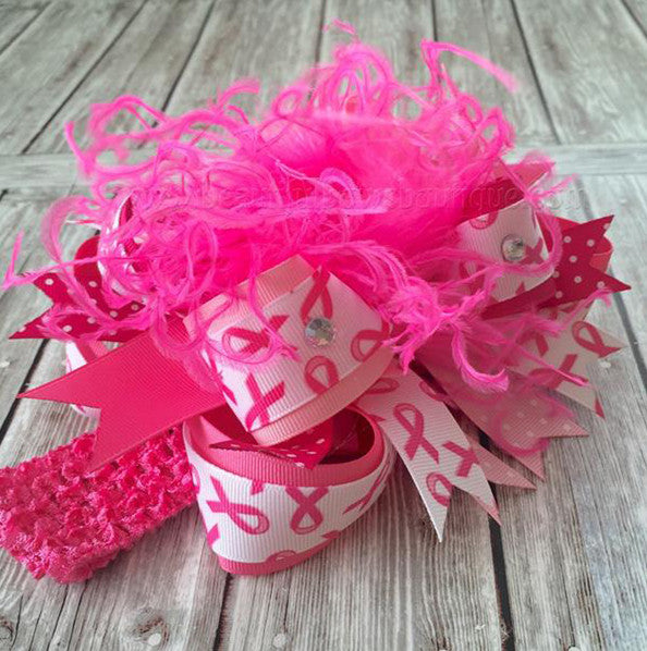 Hot Pink Breast Cancer Awareness Over the Top Girls Hair Bow Clip or Headband, Pink Out