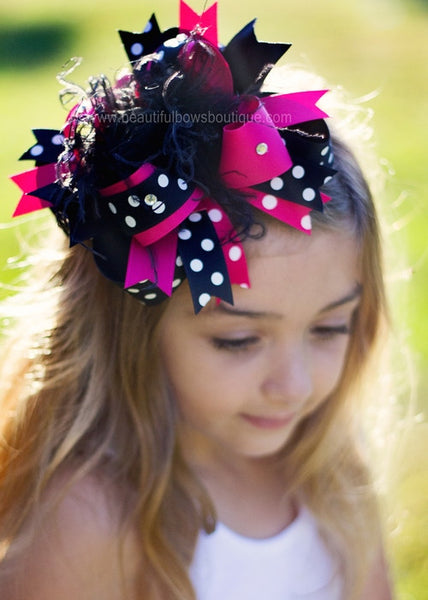 Black & Shocking Pink Polka Girls Over the Top Hair Bow Clip or Headband