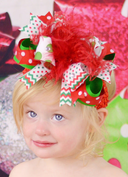 Trendy Chevron Dot Holiday Over the Top Girls Hair Bow Clip or Baby Headband