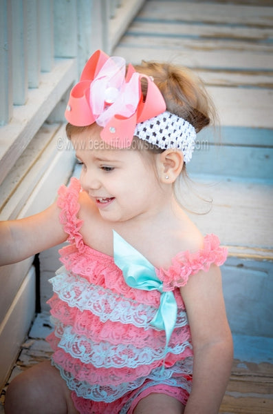 Cute Coral Peach Sheer Bling Hair Bow Baby Headband for Girls