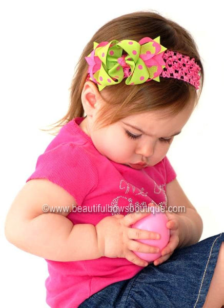 Dainty Lime & Hot Pink Polka Layered Girls Hair Bow Clip or Headband Set