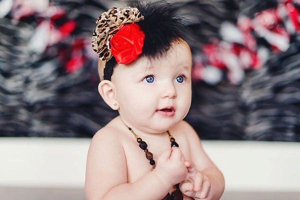 Baby Red Leopard Satin Rosette Flower Girls Lace Headband