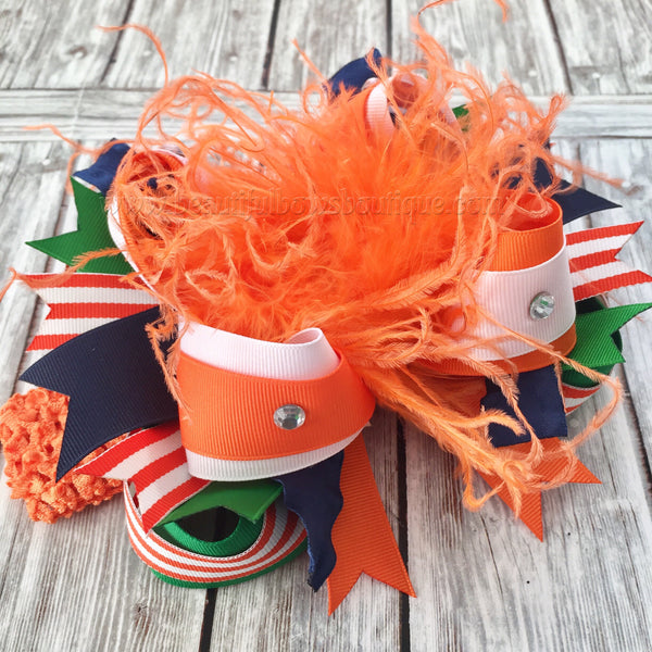 Boutique Fall Hairbow Orange Green and Navy Blue