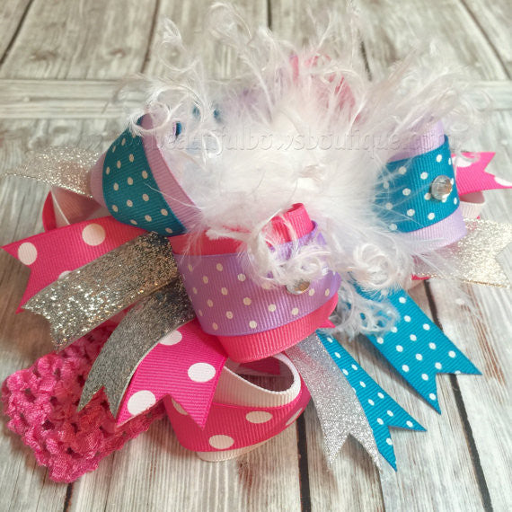 Over the Top Hair Bow Turquoise Pink Purple