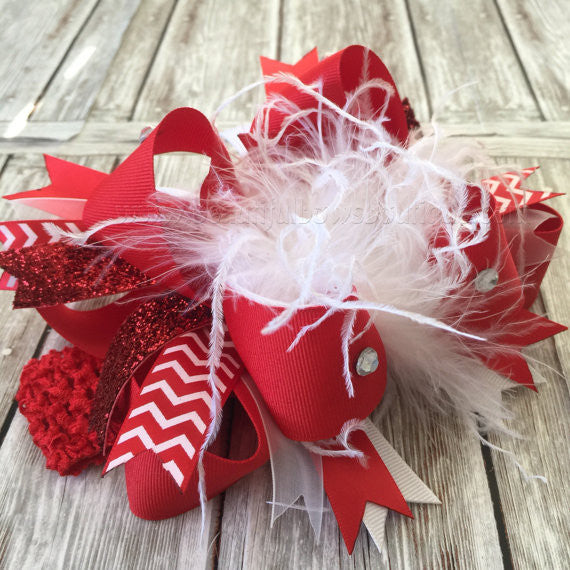 Large Red and White Feather Hair Bow Toddler Girl