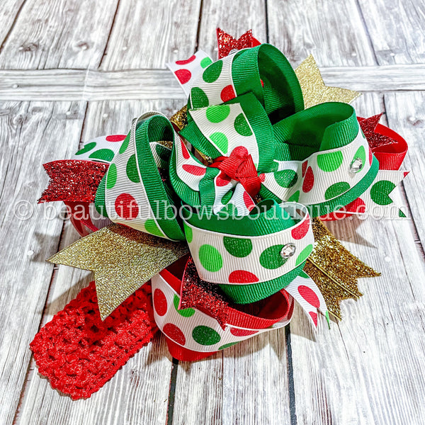 Christmas Red and Green Polka Dot Over the Top Hair Bow, Christmas Bow Over the Top Headband, Over the Top Christmas Bow Headband for Baby