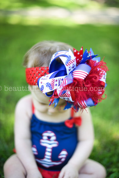Patriotic Minnie Mouse Over the Top Hair Bow,6 inch Mouse Hair Bow, 1st Birthday Bow