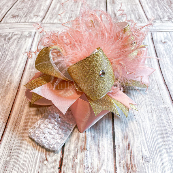 Rose Gold Bow Girls Hairbows Birthday Rose Gold Baby Headband Bow Baby Shower Decor Rose Gold Cake Topper Baby Girl Diaper Cake Decorations