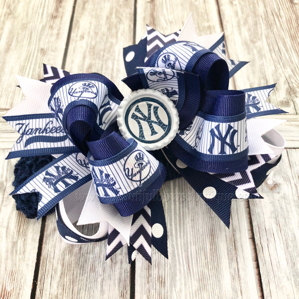 NY Yankees Stacked Hair Bow,Yankees Baby Headband,NY Yankees Hairbow