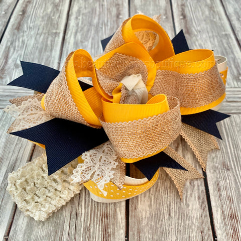 Over the Top Hair Bow Mustard Burlap Ivory Navy,Fall Over the Top Hairbow