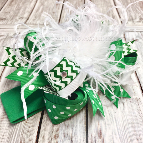 Green and White Over the Top Hair Bow,OTT Bows, Baby Headbands