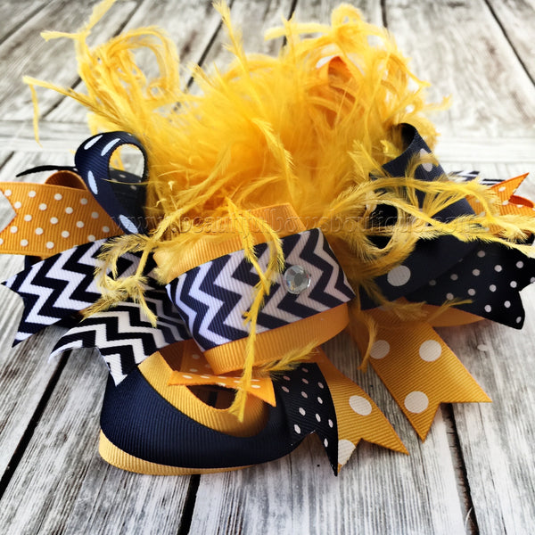Navy and Yellow Gold Hair Bow, School Uniform Bow, Stacked Bows