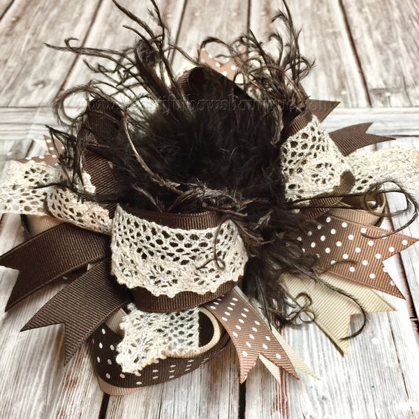 Fall Shabby Hair Bow with Lace, Big Brown Over the Top Bow Headband
