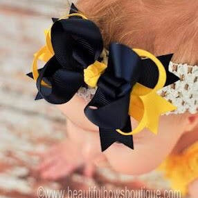 Dainty Navy & Yellow Layered Girls Hair Bow Clip or Headband Set