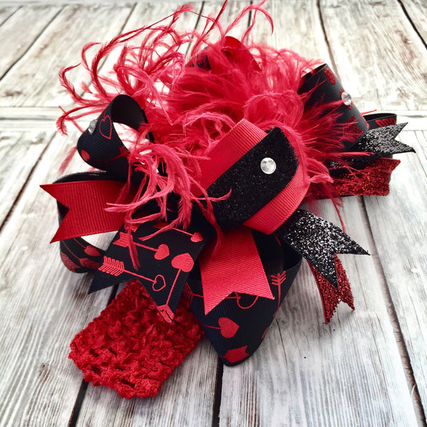 Red and Black Valentine's Day Hair Bow Over the Top,Valentine Hair Bows Red Black,Heart Arrow Valentine Hair Bow Headband for Girls and Baby