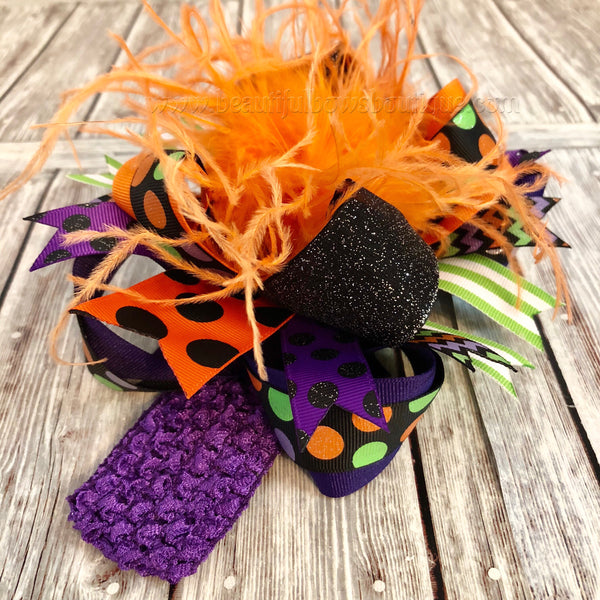 Over the Top Halloween Bow Purple Black Green Orange, Big Halloween Bow Headband
