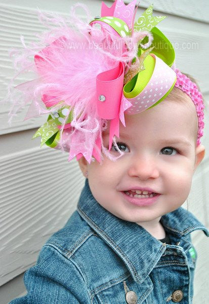 Spring Lime Green, Hot Pink, and Light Pink Over the Top Girls Hair Bow Clip or Headband