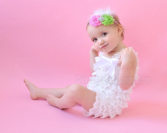 Hot Pink and Lime Green Shabby Flower Baby Headband, Fabric Flower Headband