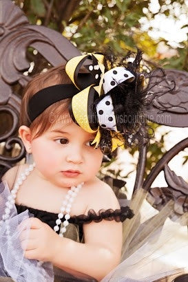 Black, Yellow, and White Over the Top Girls Hair Bow Clip or Headband