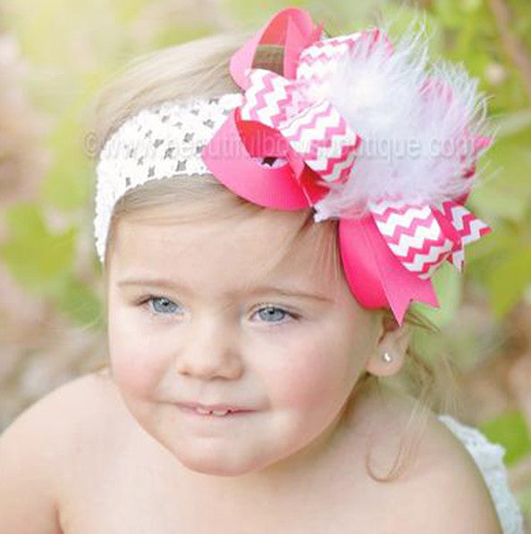 Kiara Boutique Shocking Hot Pink and White Chevron Hair Bow Clip or Headband for Baby Girls