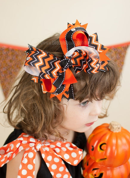 Black and Orange Chevron Big Halloween Hair Bow Clip or Baby Girls Headband