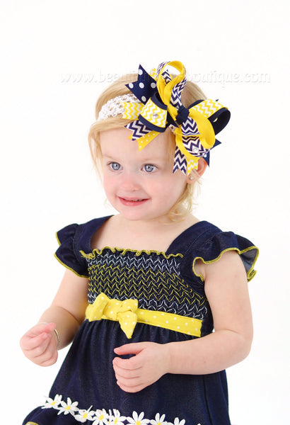 Navy Blue and Yellow School Uniform Over the Top Girls Hair Bow Clip or Headband